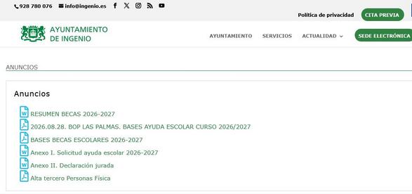 Abierto el plazo de las ayudas escolares para estudiantes del municipio de Ingenio del curso 2026/2027